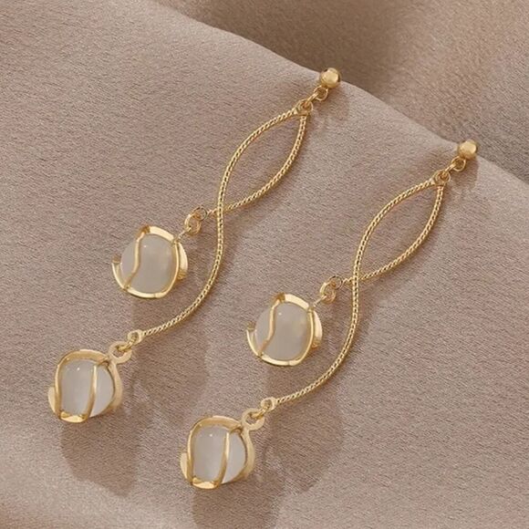 Elegant Long Tassel Opal Design Earrings Stainless Steel Drop FashionLook Silver - Picture 2 of 12